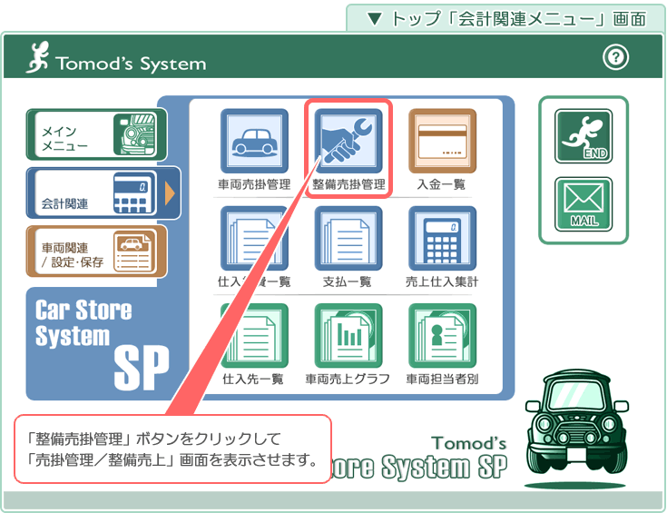 自動車･車両販売管理ソフト「Car Store System SP」の操作マニュアル／トップ「会計関連メニュー」画面