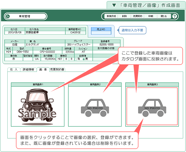 自動車･車両販売管理ソフト「Car Store System SP」「車両管理／画像」作成画面