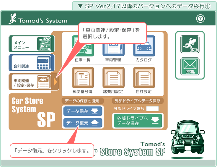 自動車販売管理ソフト「Car Store System SP」バージョンアップの解説「「SP Ver2.17～」版へのデータ移行1」
